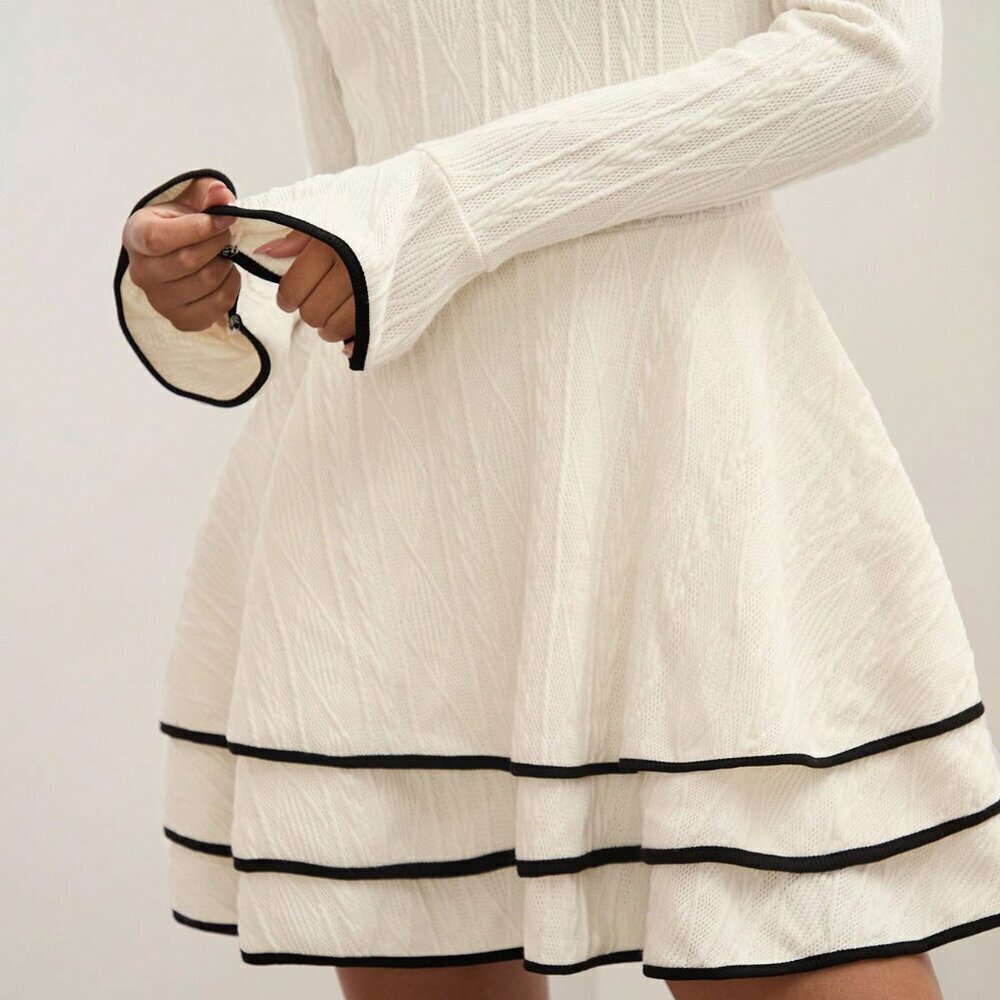 Multicolor Casual Women's Old Money Patchwork Trim Layered Hem Dress - Picture 6 of 6